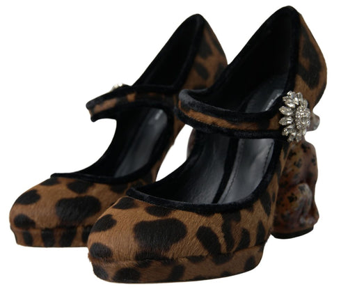 Dolce & Gabbana Leopard Heel Mary Jane Pumps – Black Brown Calf Fur Women’s Designer Shoes