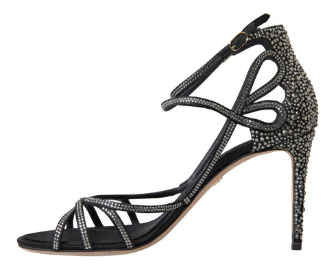 Dolce & Gabbana Keira Stiletto Sandals Black Silver Satin Rhinestone Heels - Women’s