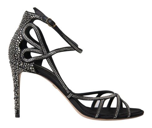 Dolce & Gabbana Keira Stiletto Sandals Black Silver Satin Rhinestone Heels - Women’s