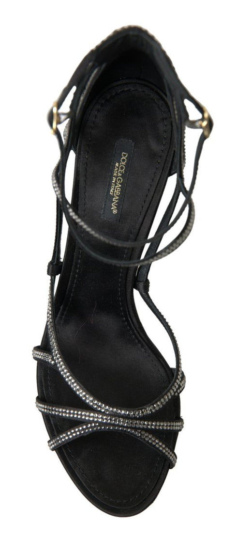 Dolce & Gabbana Keira Stiletto Sandals Black Silver Satin Rhinestone Heels - Women’s