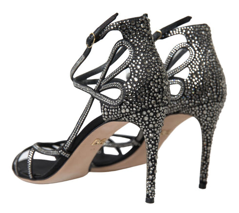 Dolce & Gabbana Keira Stiletto Sandals Black Silver Satin Rhinestone Heels - Women’s