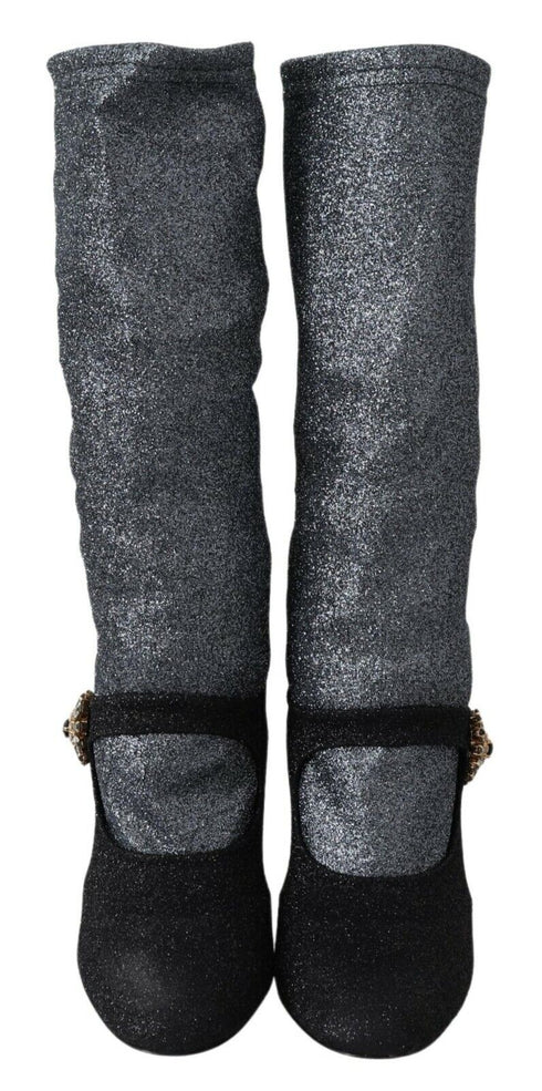 Dolce & Gabbana Crystal Mary Jane Sock Booties | Black Glitter Stretch High Heel Boots for Women