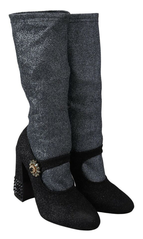 Dolce & Gabbana Crystal Mary Jane Sock Booties | Black Glitter Stretch High Heel Boots for Women