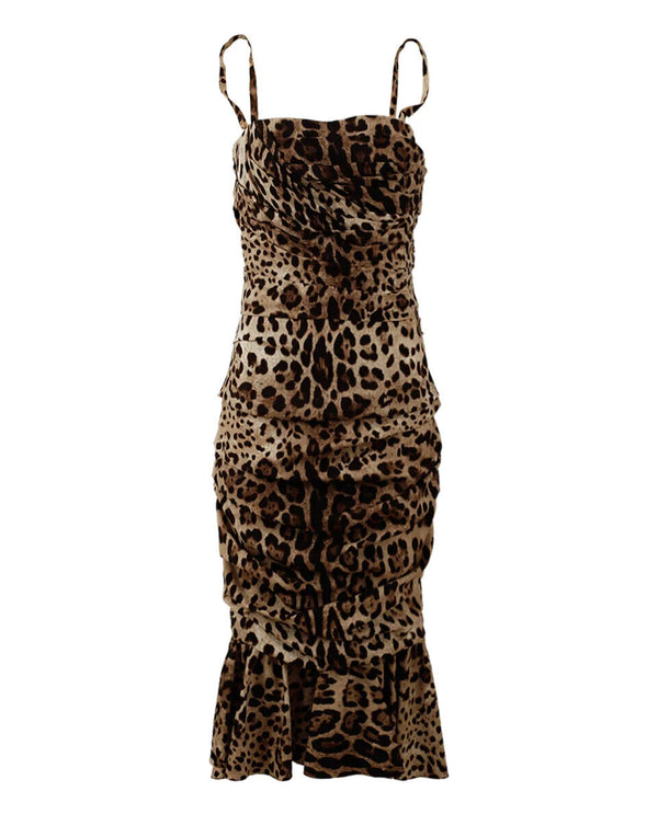 Robe midi froncée à imprimé léopard marron Dolce & Gabbana