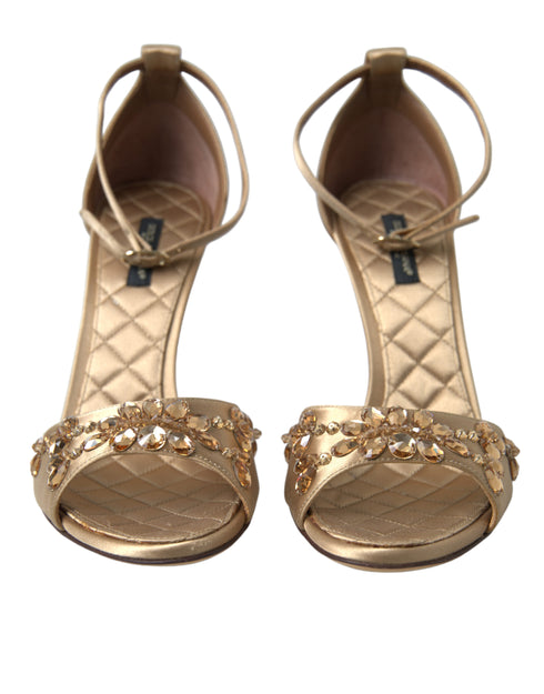 Dolce & Gabbana Gold Satin Ankle Strap Crystal Embellished Heels Sandals - Women’s Shoes