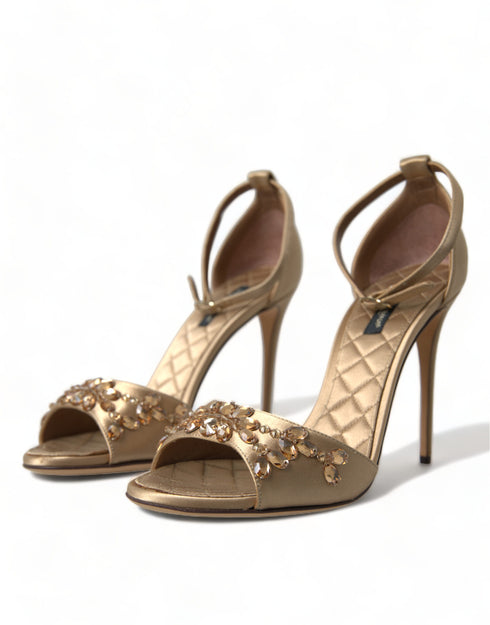 Dolce & Gabbana Gold Satin Ankle Strap Crystal Embellished Heels Sandals - Women’s Shoes