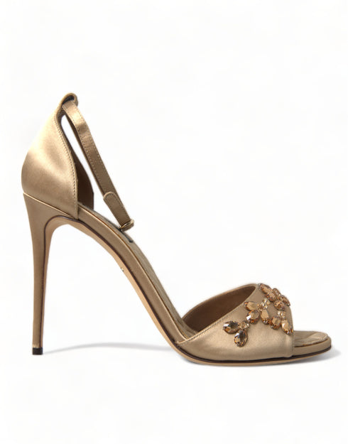 Dolce & Gabbana Gold Satin Ankle Strap Crystal Embellished Heels Sandals - Women’s Shoes