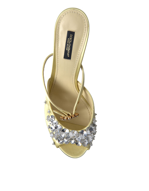 Dolce & Gabbana Light Yellow Satin Crystal Embellished Heels Sandals for Women