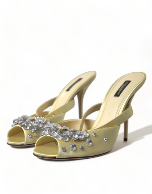 Dolce & Gabbana Light Yellow Satin Crystal Embellished Heels Sandals for Women