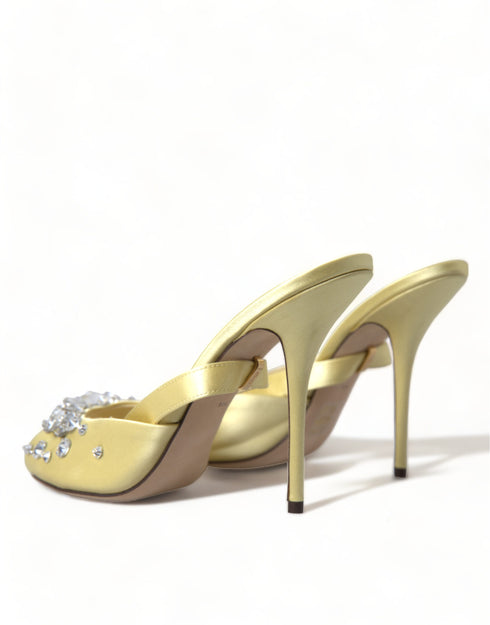 Dolce & Gabbana Light Yellow Satin Crystal Embellished Heels Sandals for Women