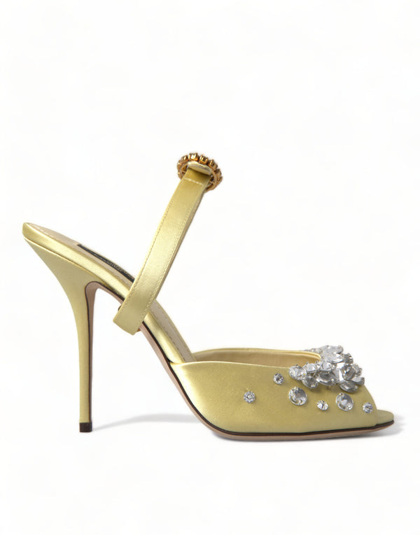 Dolce & Gabbana Light Yellow Satin Crystal Embellished Heels Sandals for Women