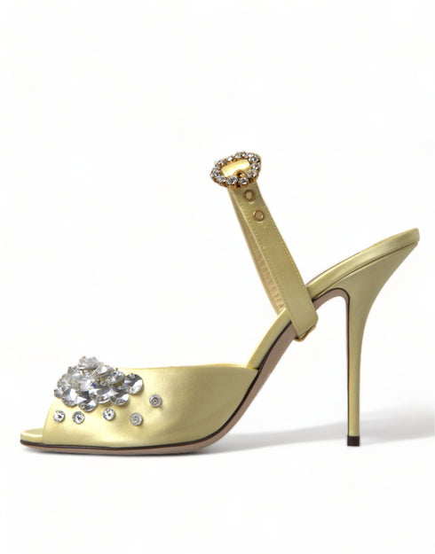 Dolce & Gabbana Light Yellow Satin Crystal Embellished Heels Sandals for Women