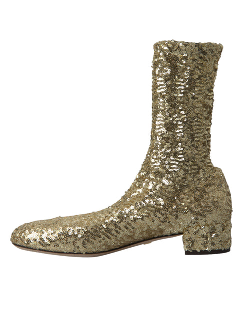 Dolce & Gabbana Gold Sequined Mid Calf Stretch Boots Leather Sole - Women’s Shoes