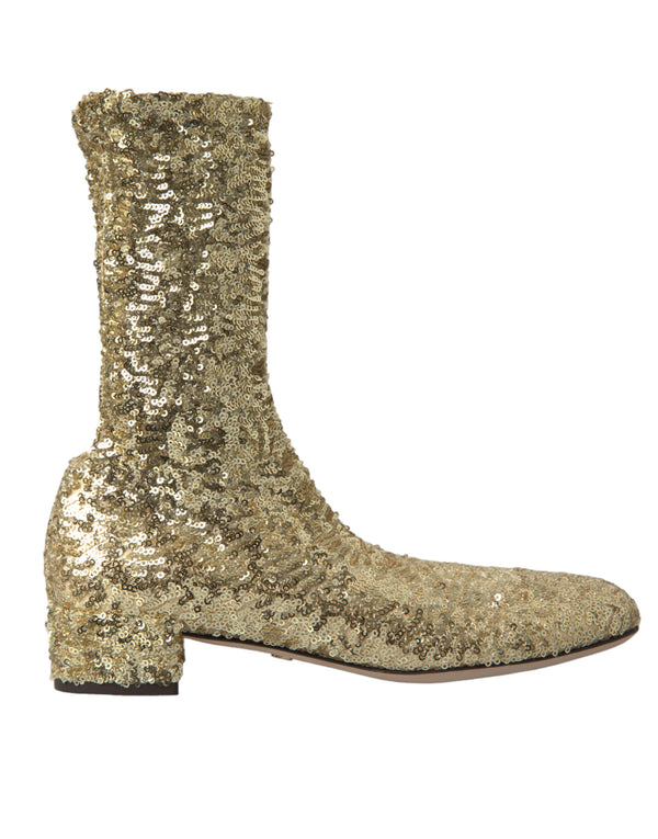 Dolce & Gabbana Gold Sequined Mid Calf Stretch Boots Leather Sole - Women’s Shoes