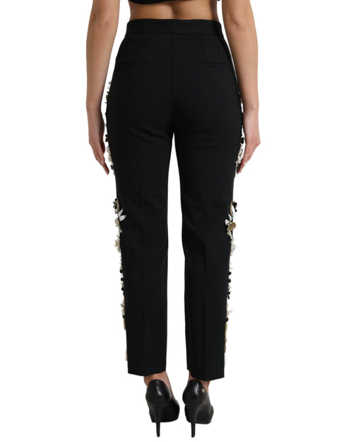 Dolce & Gabbana Black Floral Applique High Waist Tapered Pants