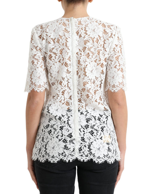 Dolce & Gabbana White Floral Lace Cotton Round Neck Blouse Top