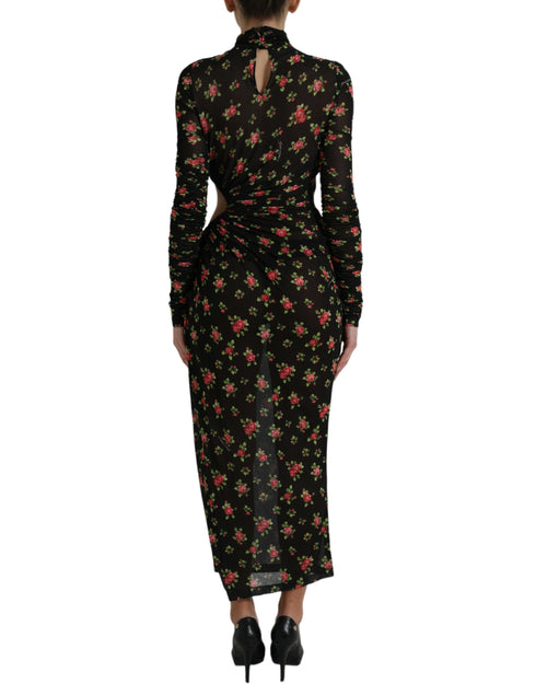 Dolce & Gabbana Black Floral Cut Out Sheath Long Maxi Dress