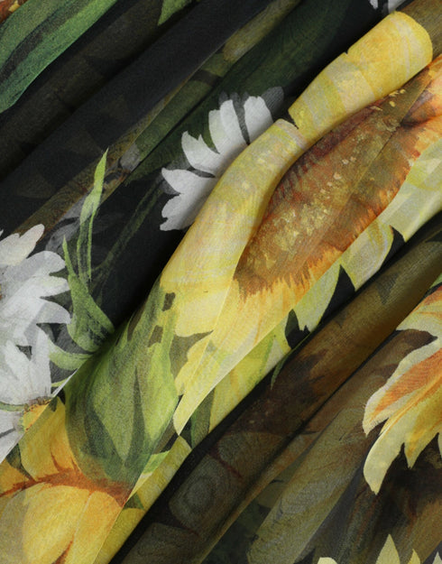 Dolce & Gabbana Black Sunflower A-line Pleated Maxi Dress