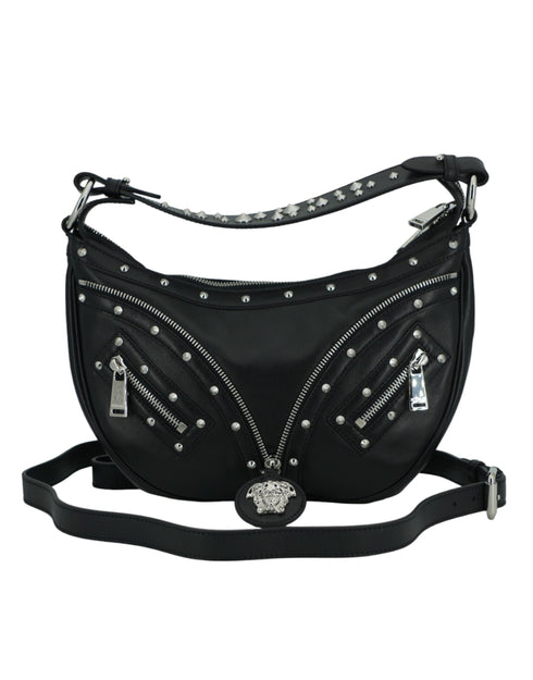 Versace Black Calf Leather Studded Hobo Shoulder Bag for Women