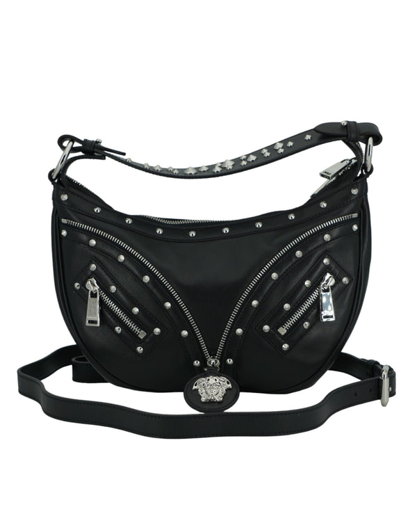 Versace Black Calf Leather Studded Hobo Shoulder Bag for Women