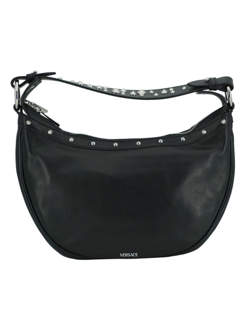Versace Black Calf Leather Studded Hobo Shoulder Bag for Women