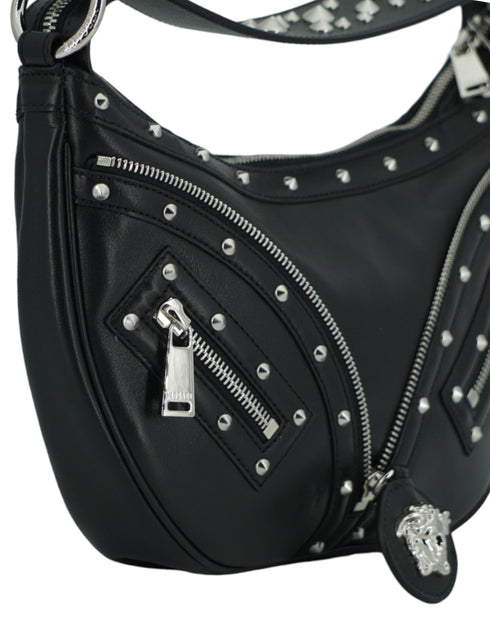 Versace Black Calf Leather Studded Hobo Shoulder Bag for Women