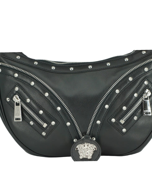 Versace Black Calf Leather Studded Hobo Shoulder Bag for Women