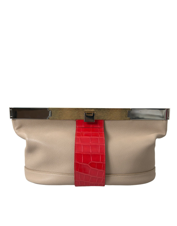 Balenciaga Two-Tone Exotic Leather Clutch in Beige and Red Alligator-Trimmed Calfskin – Women’s Evening Bag