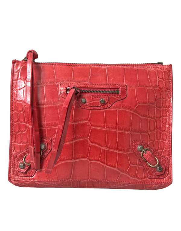 Balenciaga Exotic Red Alligator Leather Paper Postcard Clutch - Women’s