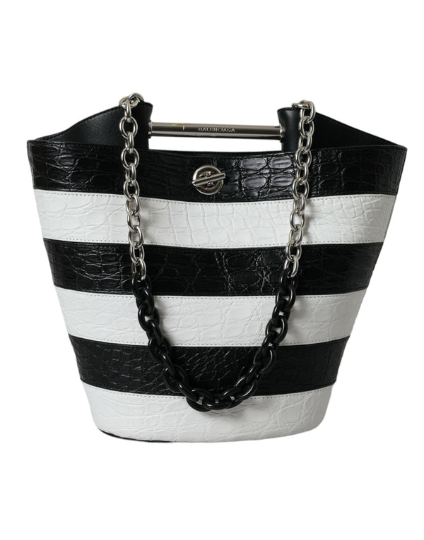 Balenciaga Chic Crocodile Leather Maxi Black & White Bucket Bag for Women