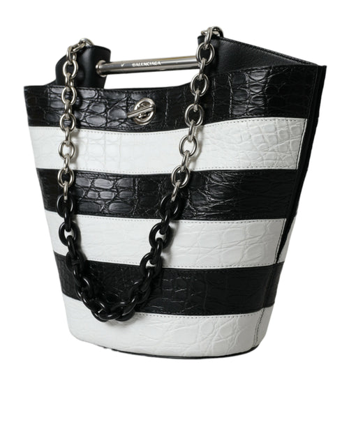 Balenciaga Chic Crocodile Leather Maxi Black & White Bucket Bag for Women