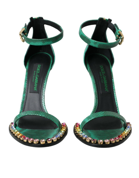 Dolce & Gabbana Green Snakeskin Leather Crystal Embellished Ankle Strap High Heel Sandals Women
