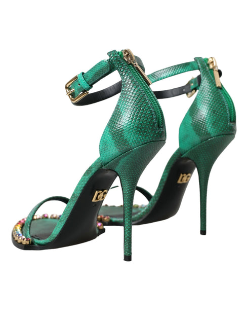 Dolce & Gabbana Green Snakeskin Leather Crystal Embellished Ankle Strap High Heel Sandals Women