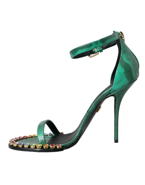 Dolce & Gabbana Green Snakeskin Leather Crystal Embellished Ankle Strap High Heel Sandals Women