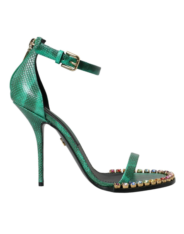 Dolce & Gabbana Green Snakeskin Leather Crystal Embellished Ankle Strap High Heel Sandals Women