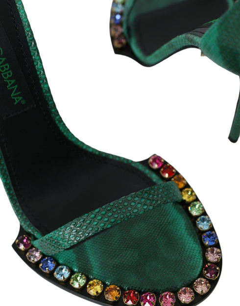 Dolce & Gabbana Green Snakeskin Leather Crystal Embellished Ankle Strap High Heel Sandals Women