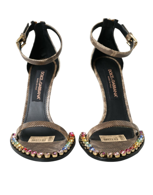 Dolce & Gabbana Crystal Sandals Brown Snakeskin Leather Ankle Strap Heels Women