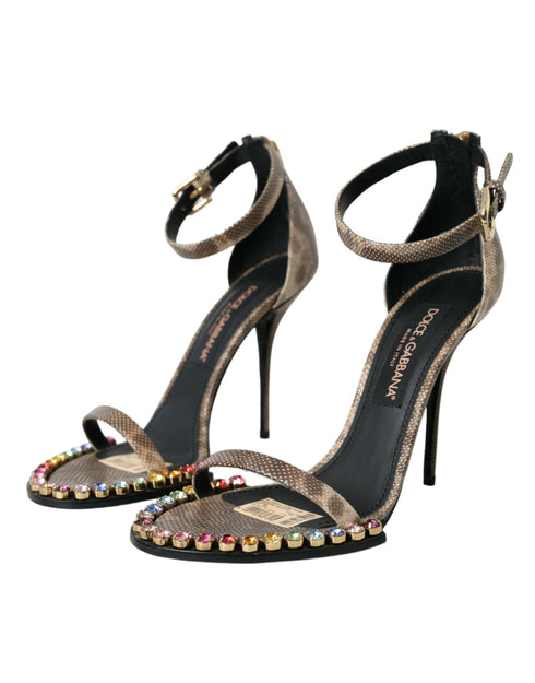 Dolce & Gabbana Crystal Sandals Brown Snakeskin Leather Ankle Strap Heels Women