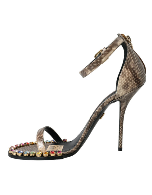 Dolce & Gabbana Crystal Sandals Brown Snakeskin Leather Ankle Strap Heels Women