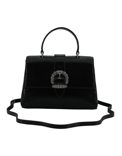 Jimmy Choo CHERI Top Handle Bag in Black Lizard Leather with Crystal Buckle for Women's