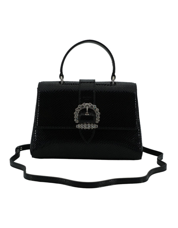 Jimmy Choo CHERI Top Handle Bag in Black Lizard Leather with Crystal Buckle for Women's