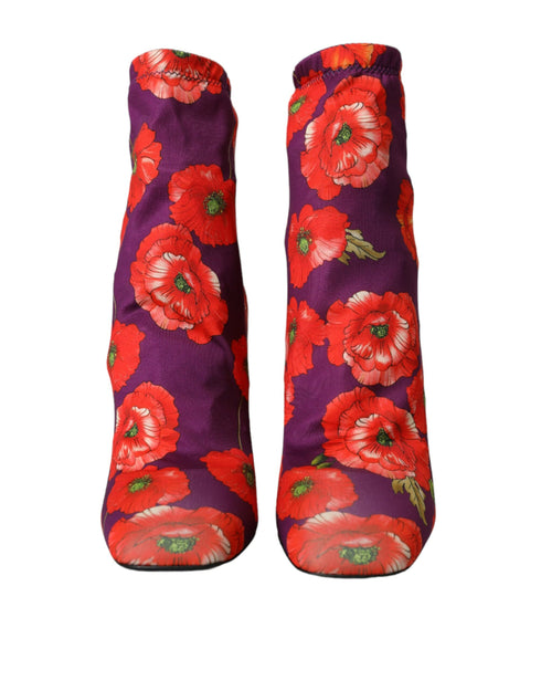 Dolce & Gabbana Purple Floral Jersey Stretch Ankle Boots – Women’s High Heels