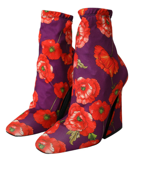 Dolce & Gabbana Purple Floral Jersey Stretch Ankle Boots – Women’s High Heels
