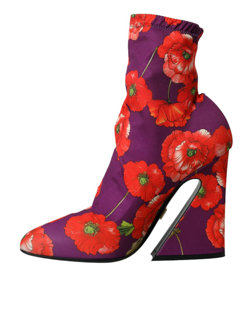 Dolce & Gabbana Purple Floral Jersey Stretch Ankle Boots – Women’s High Heels