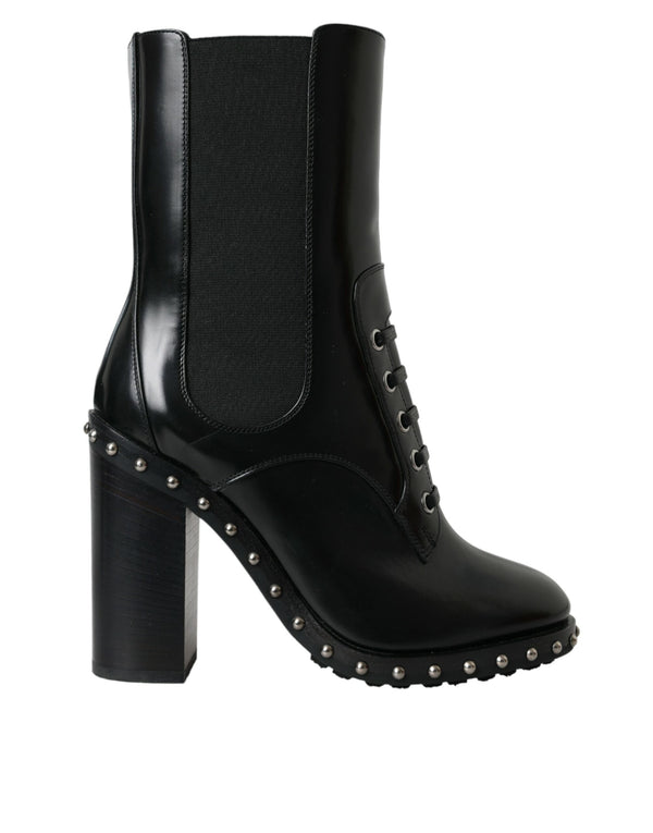 Dolce & Gabbana Black Leather Studded Lace-Up High Heel Boots – Women’s