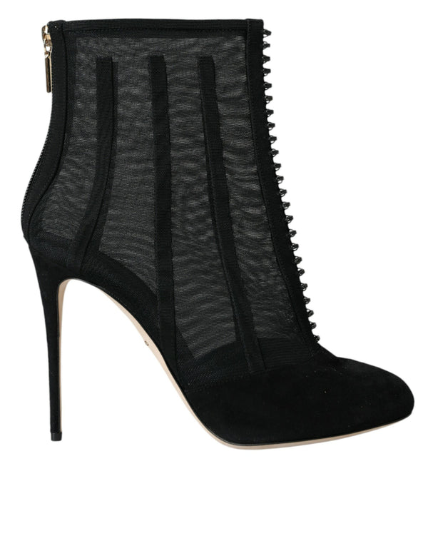 Dolce & Gabbana Women's Black Mesh Stiletto Ankle Boots – Sheer High Heel Zip Booties