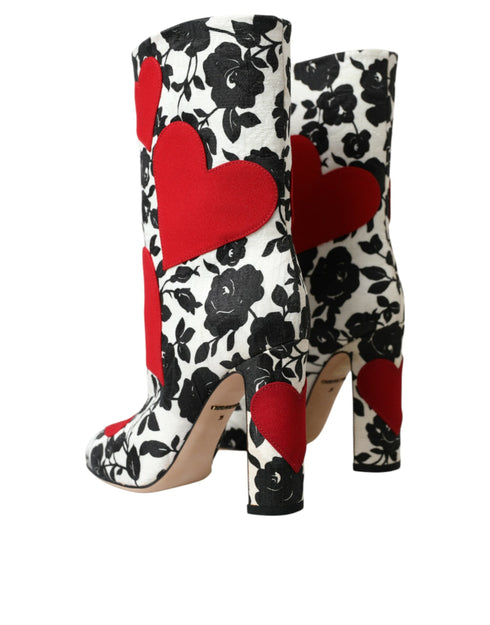 Dolce & Gabbana White Floral Hearts Leather High Heel Boots – Women’s Shoes