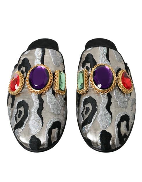 Dolce & Gabbana Gray Jacquard Crystal Mule Flat Sandals Leather - Women’s