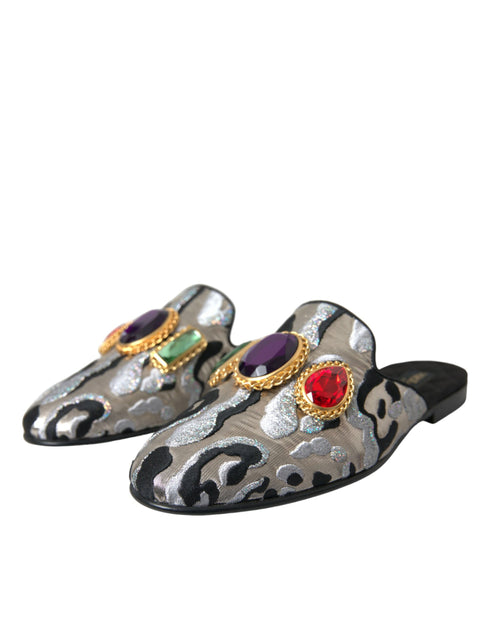 Dolce & Gabbana Gray Jacquard Crystal Mule Flat Sandals Leather - Women’s