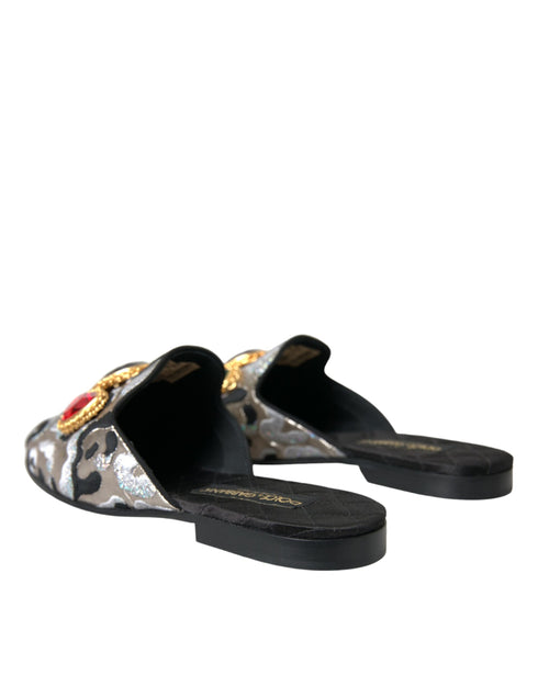 Dolce & Gabbana Gray Jacquard Crystal Mule Flat Sandals Leather - Women’s